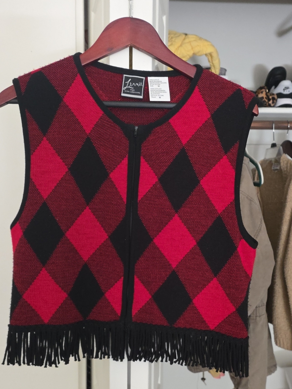 Nina Leonard Red and Black Knit Zip-Front Vest with Fringe